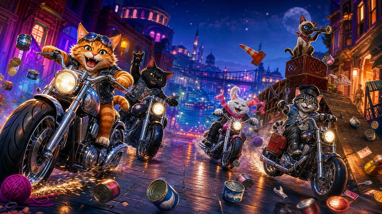 Clawcycle Havoc cat riders racing through a night city.