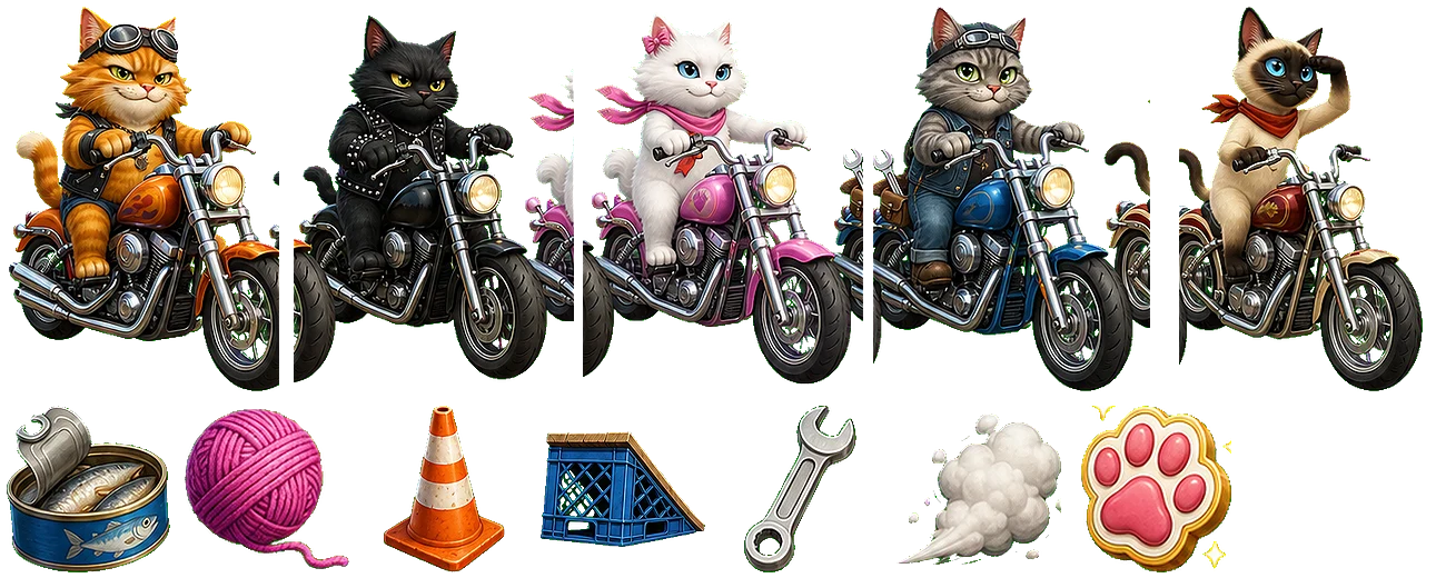 Clawcycle Havoc rider lineup and power-up items.