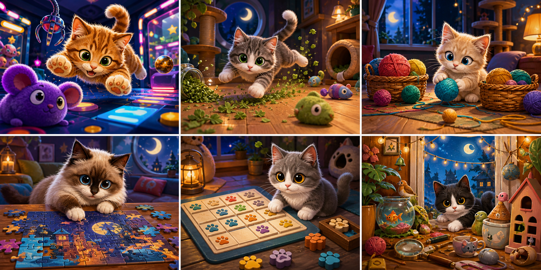Six illustrated CatWorldly game and puzzle scenes
