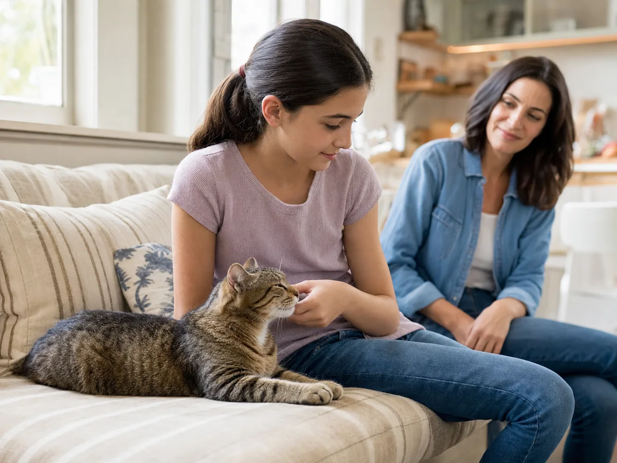A supervised child gently petting a relaxed cat on a sofa.