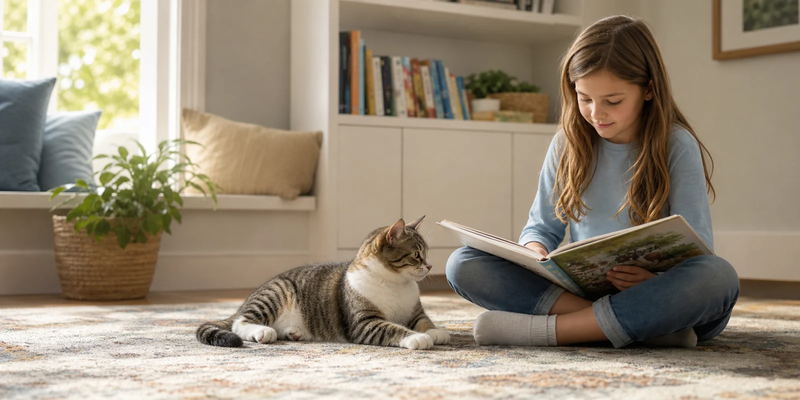 A child quietly reading beside a relaxed cat in a sunlit room.