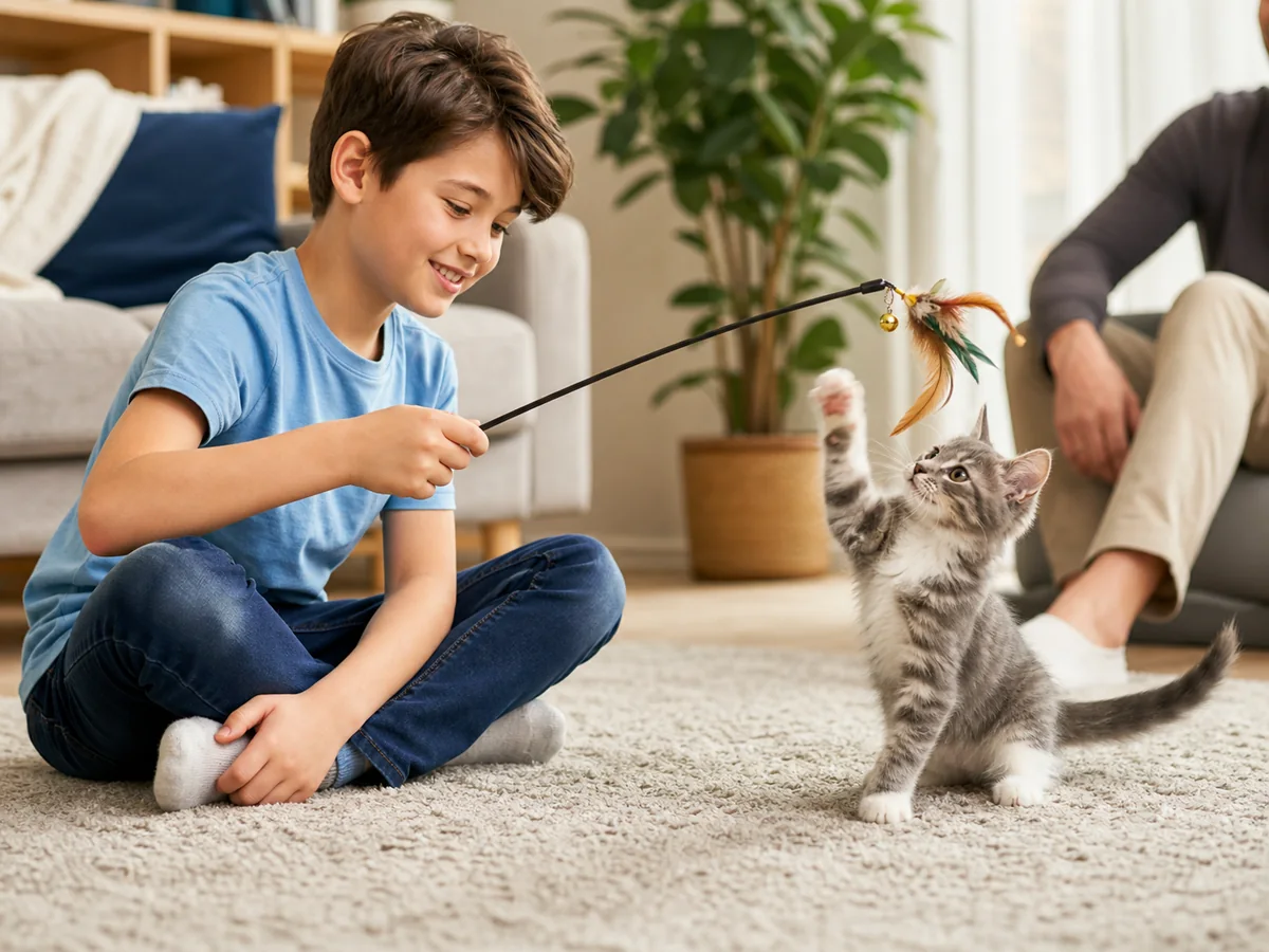 A child using a wand toy with a playful kitten while an adult supervises.
