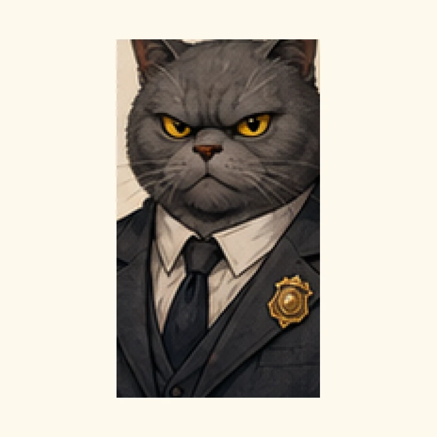 A mysterious supporting cat from The Velvet Claw, suited to soft suspicion and twist endings.