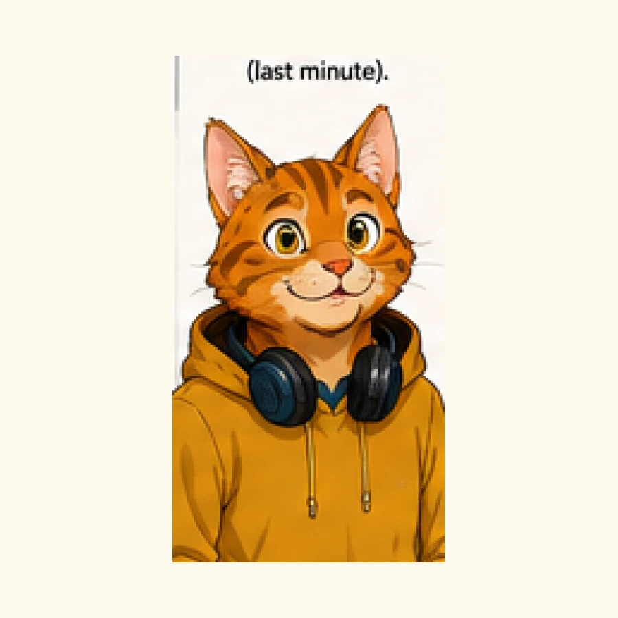 A lively workplace-cat character from Paws and Deadlines, shown in office comedy scenes with process jokes and deadline pressure.