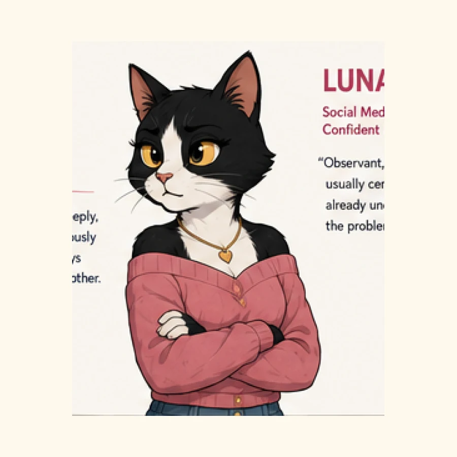 A gentle apartment-cat character from Meowdern Love, often used for quiet romantic-comedy beats.