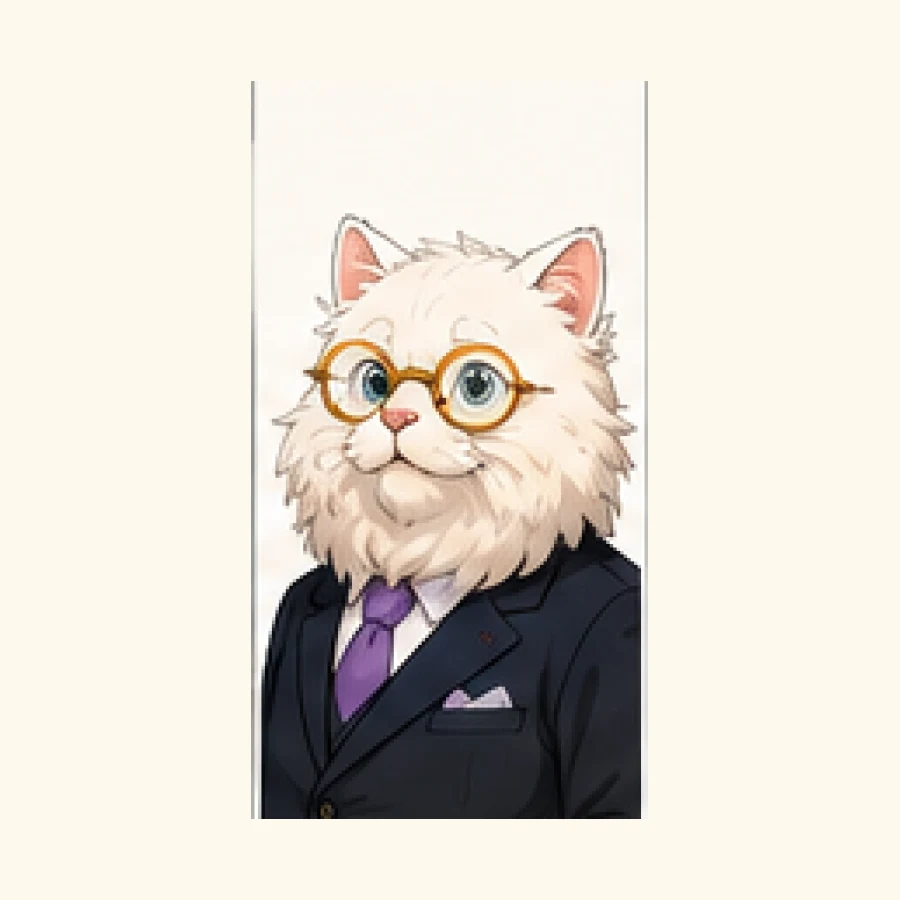 A soft, slightly dreamy office-cat character in Paws and Deadlines, built for quiet workplace timing and visual pauses.