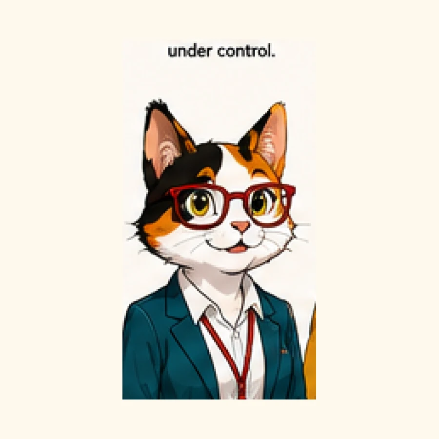 A polished office-cat character in the Paws and Deadlines workplace comic world, usually framed around desks, notes and soft business chaos.