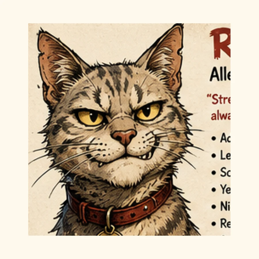 A mischievous city-cat character from Ruckus the Rascal, shown in punchy urban comic scenes.