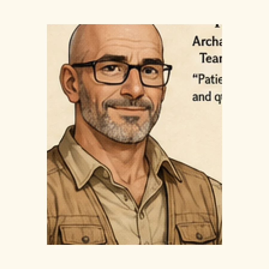 A human adventure character from Tony and the Artifact Crew, centered on artifacts, ethics and cat-led judgment.
