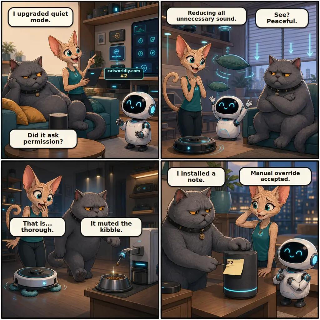 Firmware and Fur comic #2, Quiet Mode, showing Pixel, Walter and M.O.U.S.E. in a smart apartment as a quiet-mode update over-optimizes household sounds until Walter solves it with a handwritten note.