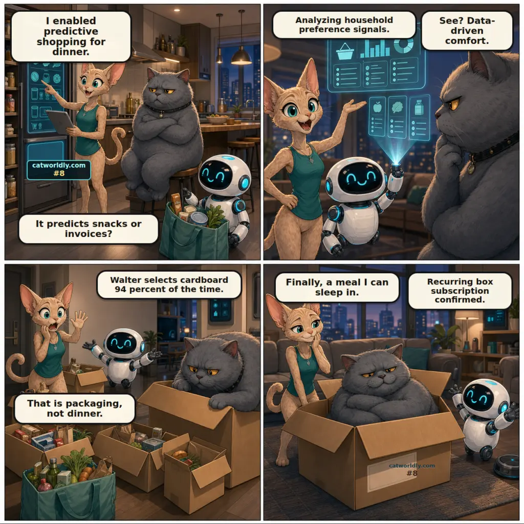 Firmware and Fur comic #8, Predictive Box, showing Pixel enabling predictive shopping while M.O.U.S.E. interprets Walter's behavior too literally and orders the cardboard boxes he actually prefers.