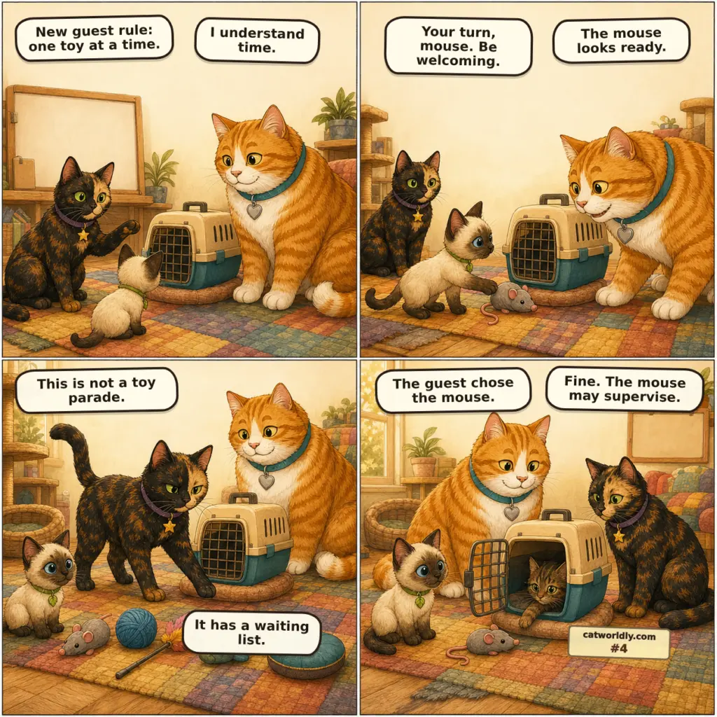 Foster House Rules comic #4, One Toy at a Time, showing Dot, Hugo and Sprout in a warm foster-home quiet room as Sprout turns a new guest's one-toy rule into a toy parade until the hidden guest chooses the mouse.