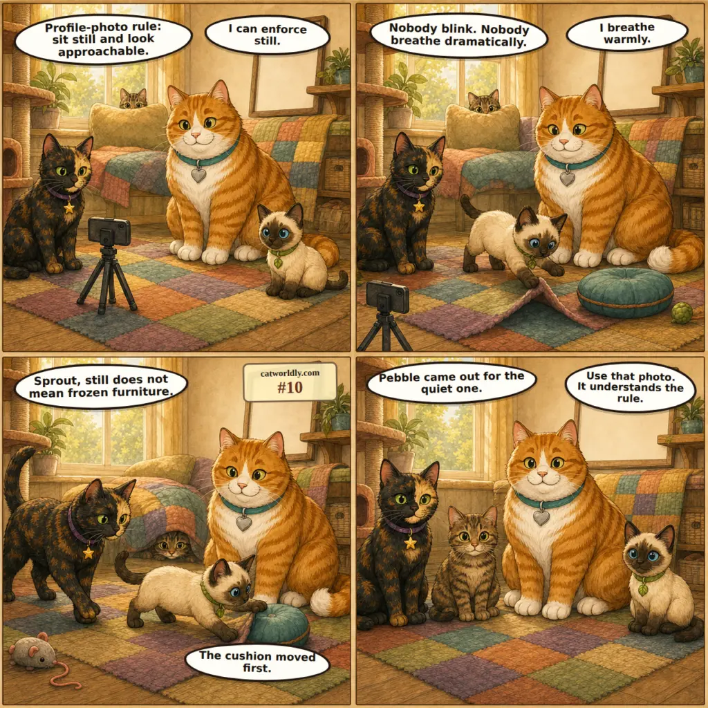 Foster House Rules comic #10, Sit Still, showing Dot, Hugo and Sprout trying to take a calm profile photo of foster guest Pebble while Sprout takes sit still too literally.