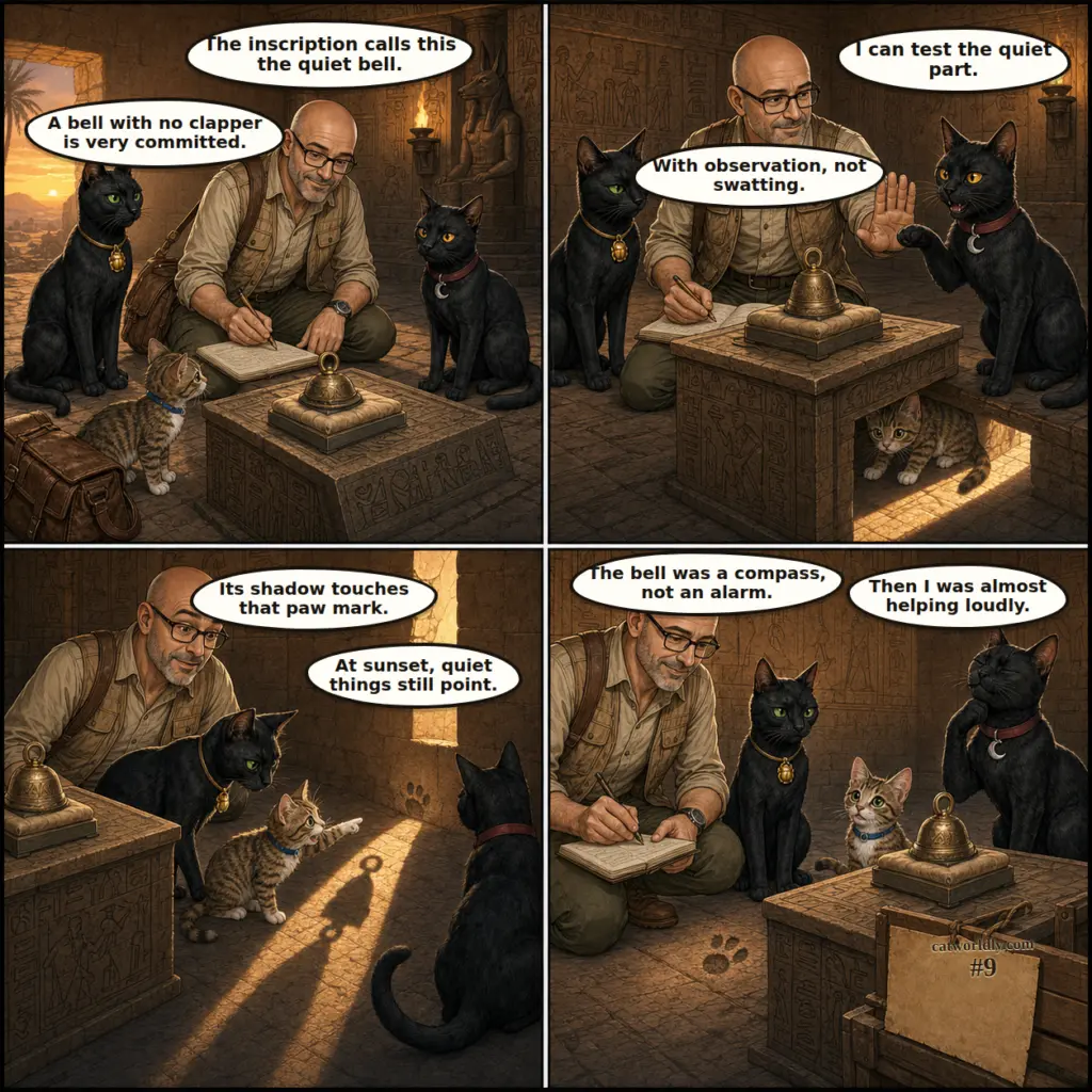Tony and the Artifact Crew comic #9, The Quiet Bell, showing Tony, Maya, Murk and Milo studying a fictional chamber bell whose sunset shadow reveals the real paw-mark clue.