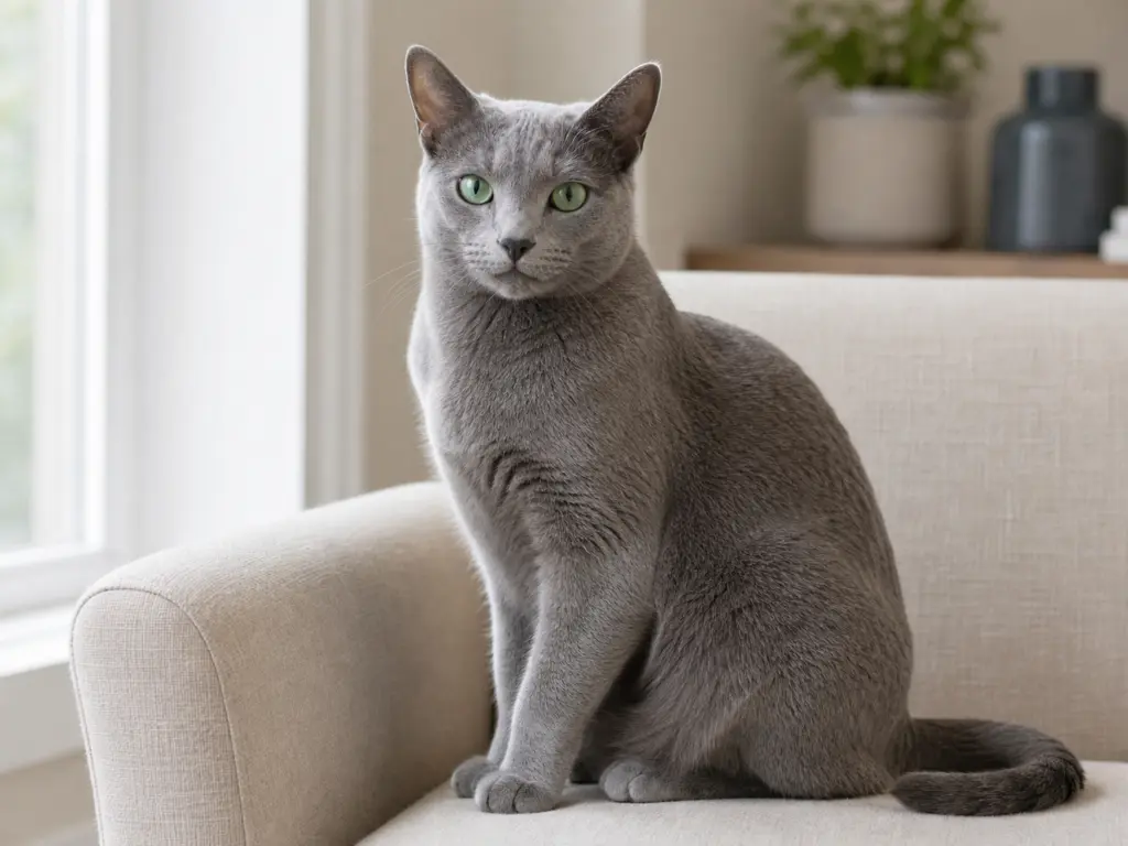 AI-generated ultra-realistic Russian Blue cat photo for the Virgo horoscope breed match.