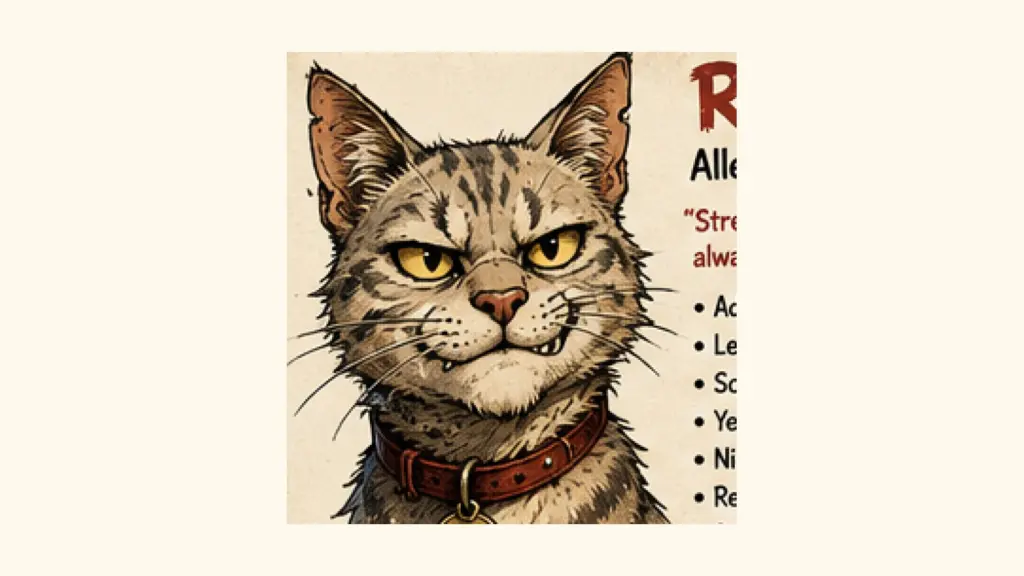 CatWorldly character reference portrait for Ruckus.