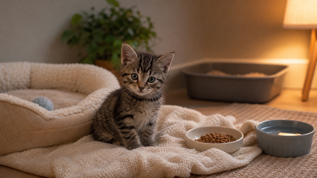 Tiny tabby kitten in a warm first-night safe room with bed, food, water and litter tray.