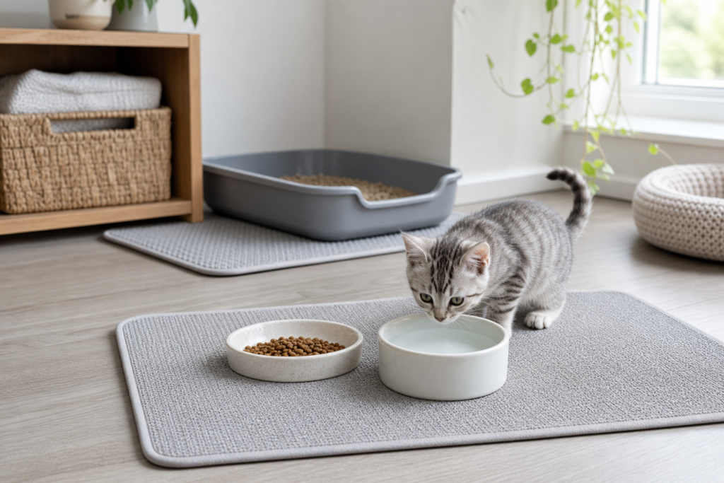 Kitten near separated food, water and litter areas in a clean first-week care setup.