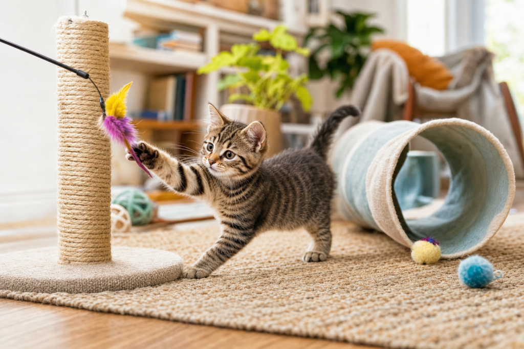 Playful kitten reaching for a wand toy beside a scratcher and soft tunnel.
