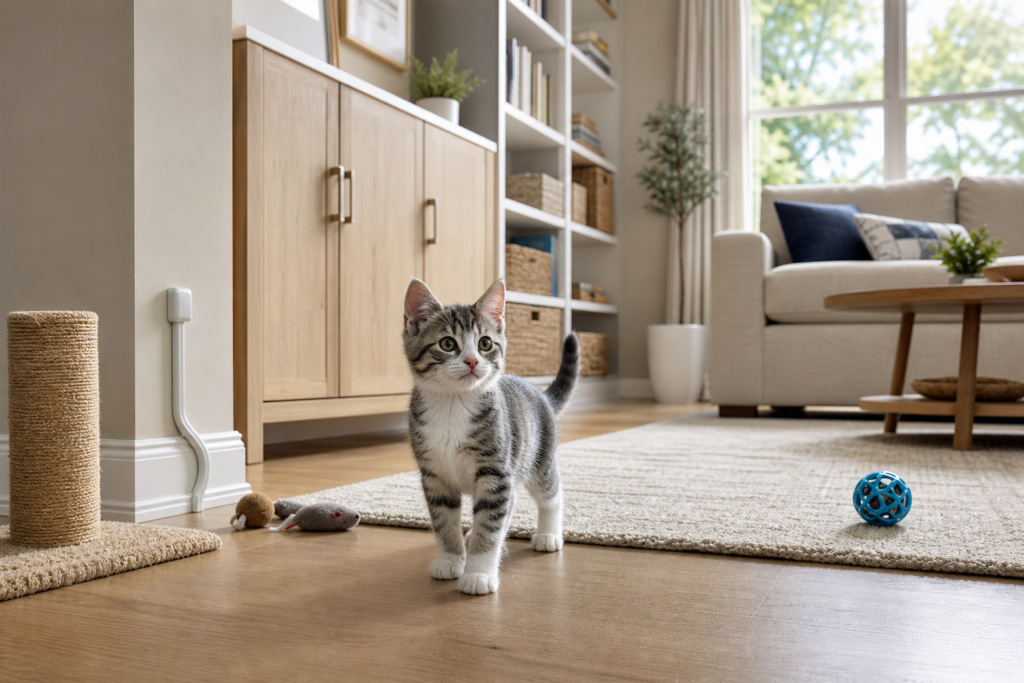 Curious kitten exploring a tidy kitten-proofed living room with safe cord management and toys.