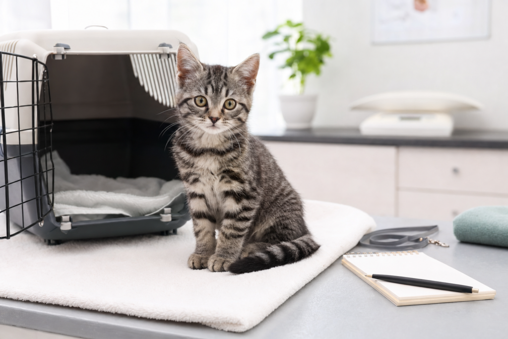 Kitten sitting calmly on a towel near an open carrier with vet-prep notes nearby.