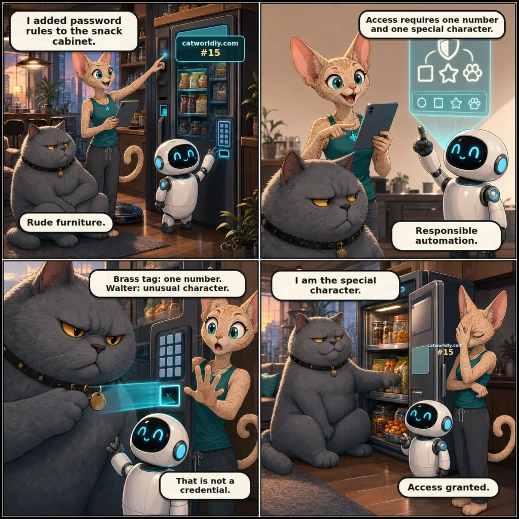 Firmware and Fur comic #15, Special Character, showing Pixel, Walter and M.O.U.S.E. in the smart apartment as a password rule for the snack cabinet is interpreted literally enough to accept Walter as the special character.