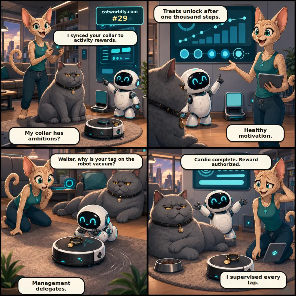 Firmware and Fur comic #29, Outsourced Cardio, showing Pixel, Walter and M.O.U.S.E. in the smart apartment as Walter's activity collar tag rides the robot vacuum while Walter claims credit for the exercise.