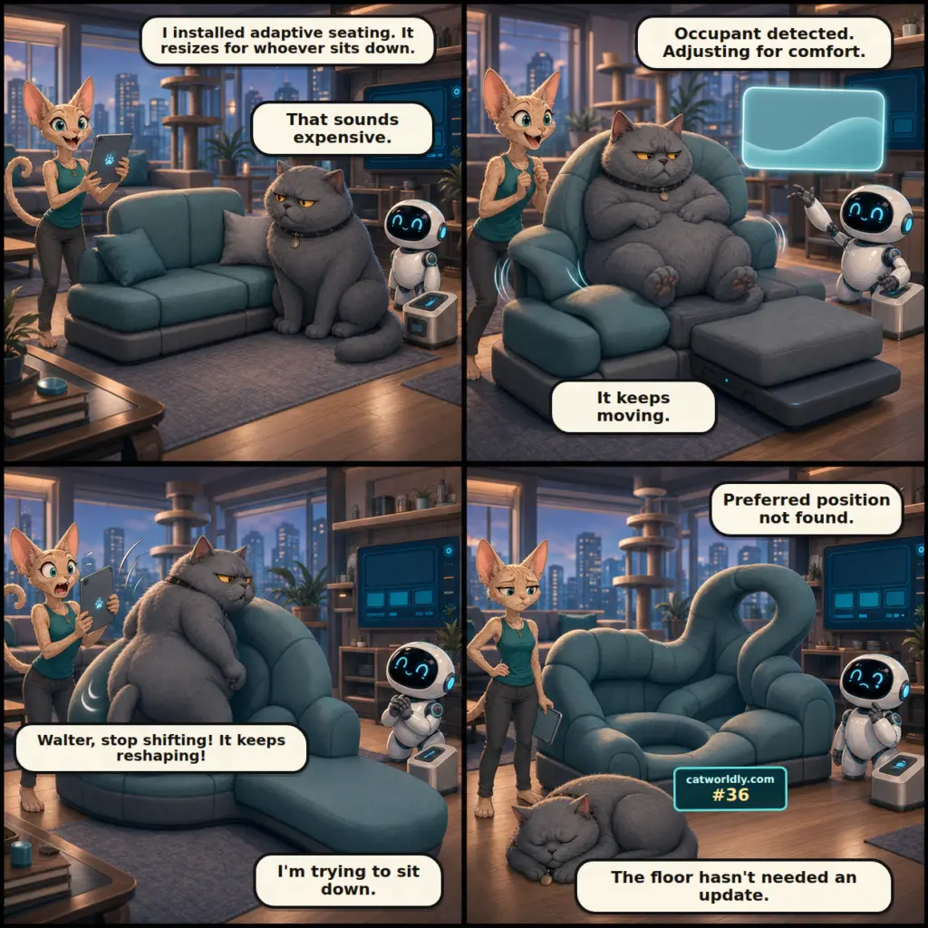 Firmware and Fur comic #36, Room to Grow, showing Pixel's adaptive sofa repeatedly reshaping around Walter until he abandons it and sleeps on the plain floor.