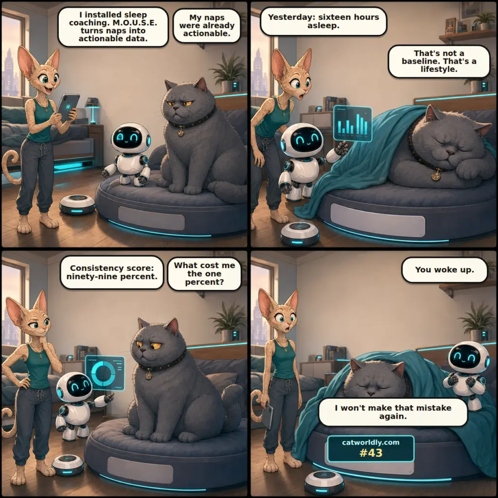 Firmware and Fur comic #43, The Missing Percent, showing Pixel's sleep-coaching update give Walter a ninety-nine-percent nap-consistency score because he briefly woke up, which he immediately vows not to repeat.