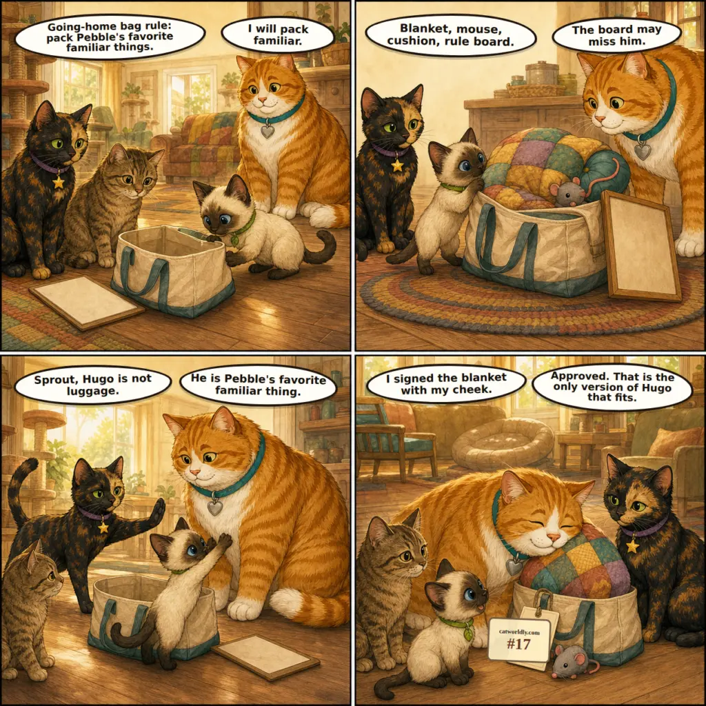 Foster House Rules comic #17, Hugo Is Not Luggage, showing Dot, Hugo, Sprout and foster guest Pebble packing a fictional going-home bag while Sprout tries to include Hugo as Pebble's favorite familiar thing.