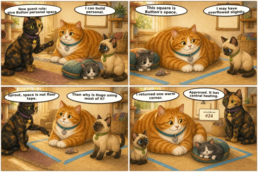 Foster House Rules comic #24, Personal Space Heater, showing Dot, Hugo, Sprout and temporary foster kitten Button turning a literal taped personal-space square into a warm corner beside Hugo.