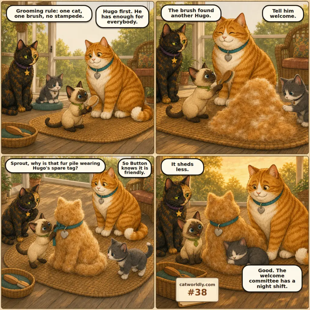 Foster House Rules comic #38, The Backup Hugo, showing Dot, Hugo, Sprout and Button as brushed fur becomes a friendly backup Hugo and Button falls asleep against it.