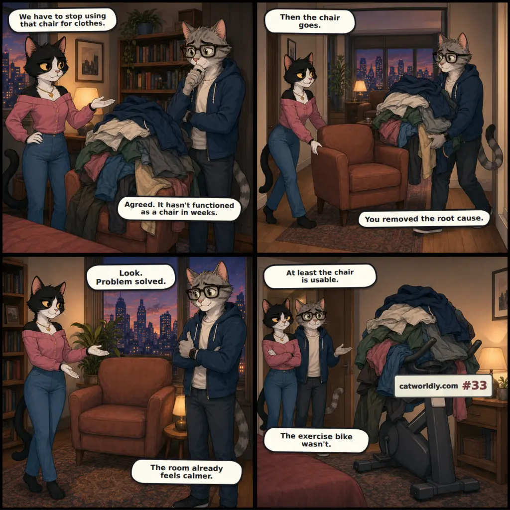 Meowdern Love comic #33, The Chair Problem, showing Luna and Leo remove a clothes-covered reading chair only for the same laundry pile to migrate onto an unused exercise bike.