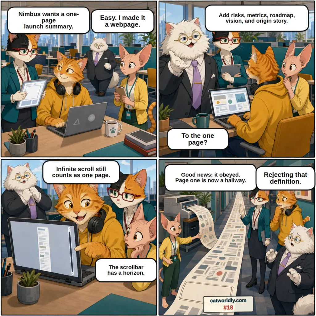 Paws and Deadlines comic #18, Page One Is a Hallway, showing Penny, Dex, Nimbus and Bean at WhiskerWorks as a one-page launch summary becomes an infinitely scrolling webpage and then a hallway-length paper printout.