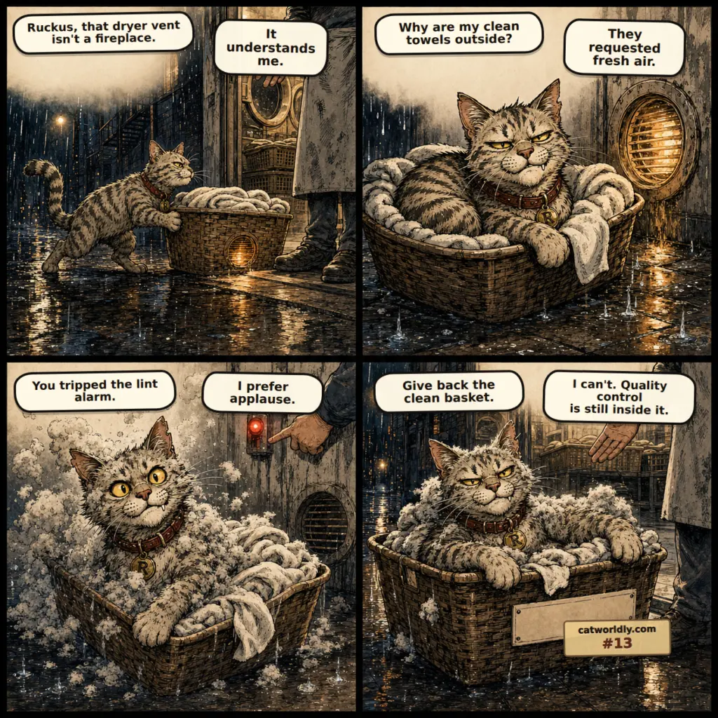Ruckus the Rascal comic #13, Quality Control, showing Ruckus claiming a laundromat towel basket beside a dryer vent, getting covered in lint, and refusing to leave because quality control is still inside the basket.