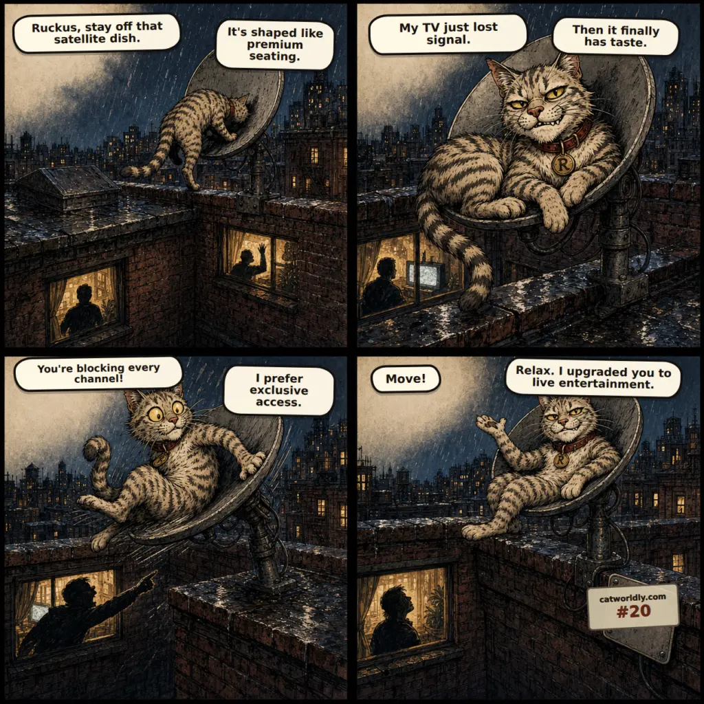 Ruckus the Rascal comic #20, Live Entertainment, showing Ruckus taking over a rooftop satellite dish, blocking a resident's TV signal, and claiming he upgraded them to live entertainment.