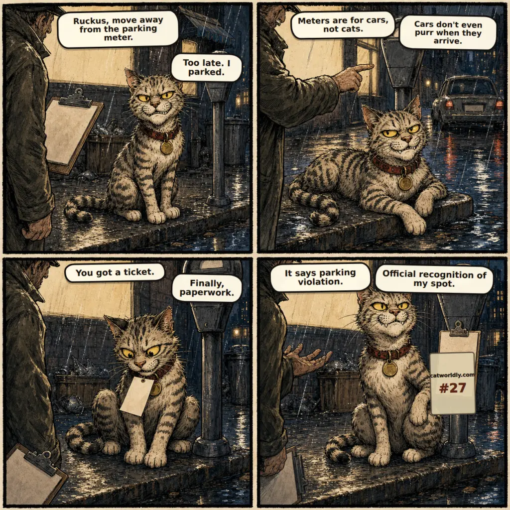 Ruckus the Rascal comic #27, Official Recognition, showing Ruckus claiming a parking-meter curb spot, getting a ticket, and calling the violation official recognition of his spot.