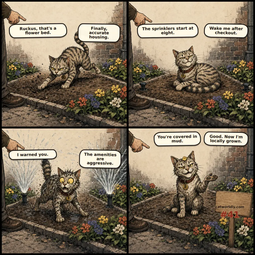 Ruckus the Rascal comic #41, Locally Grown, showing Ruckus use a courtyard flower bed as a nap spot, get caught by the sprinklers, and claim the resulting mud makes him locally grown.