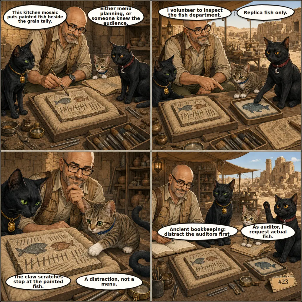 Tony and the Artifact Crew comic #23, The Decoy Fish, showing Tony, Maya, Murk and Milo discovering that painted fish on a fictional ancient kitchen mosaic distracted cat auditors from grain tallies.