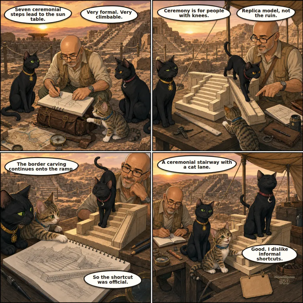 Tony and the Artifact Crew comic #30, The Official Shortcut, showing Tony, Maya, Murk and Milo discovering that a narrow side ramp beside a fictional ceremonial stairway was an official cat lane.