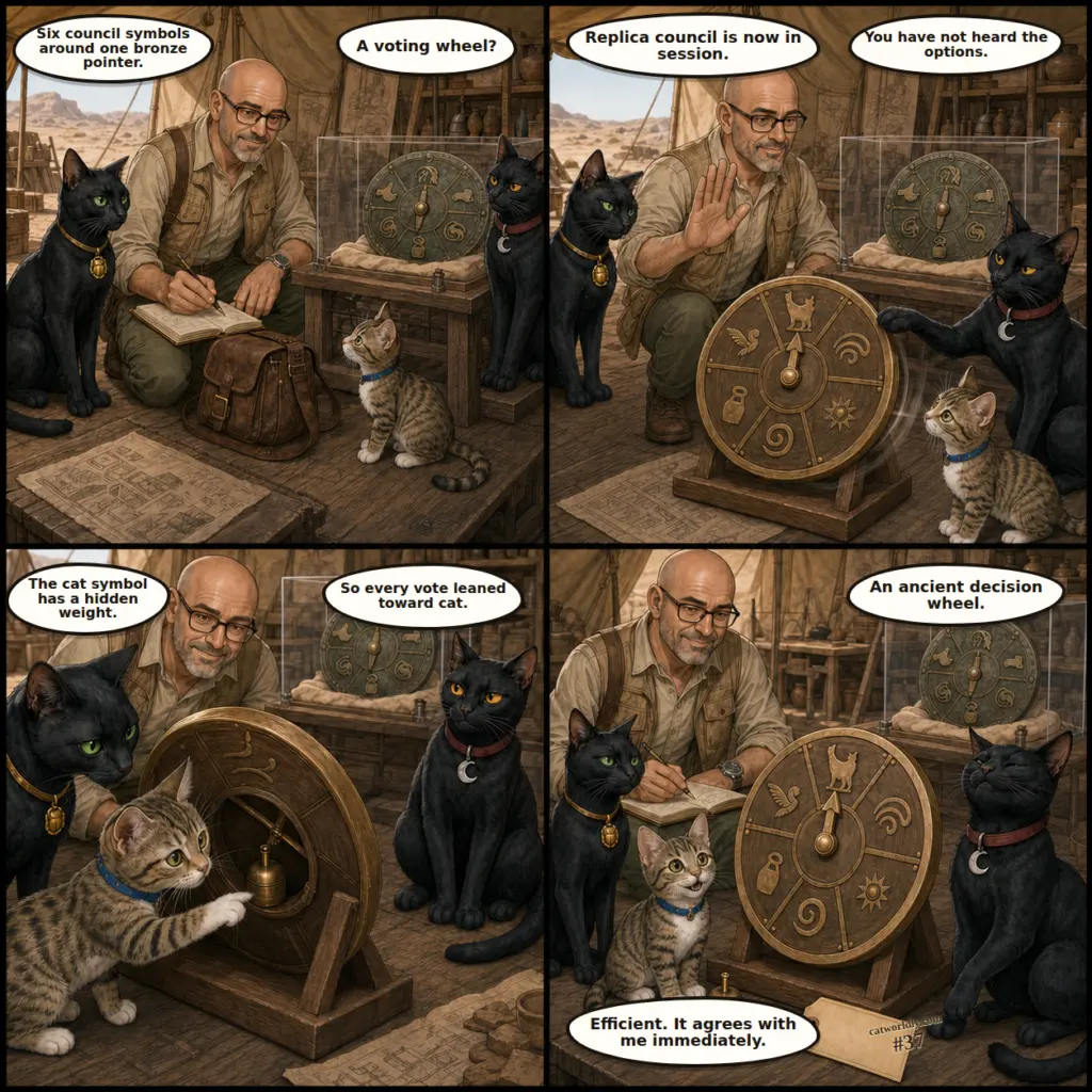 Tony and the Artifact Crew comic #37, The Unanimous Wheel, showing Tony, Maya, Murk and Milo discovering that a fictional bronze council wheel was secretly weighted to choose the cat emblem every time.