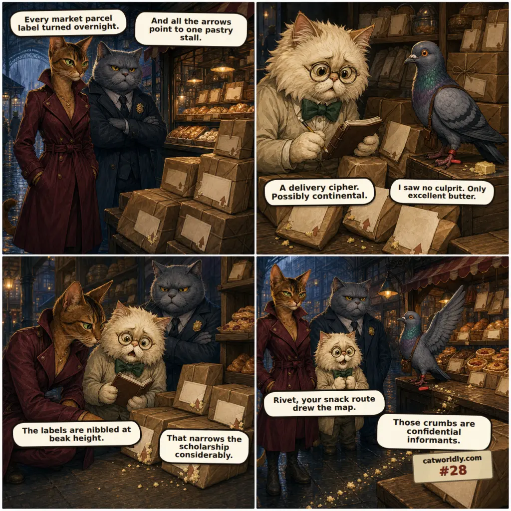 The Velvet Claw comic #28, Confidential Crumbs, showing Cleo Vale, Basil Quill, Chief Bramble and Rivet solving a covered-market mystery where turned parcel labels point to a pastry stall because Rivet's butter-crumb snack route drew the map.