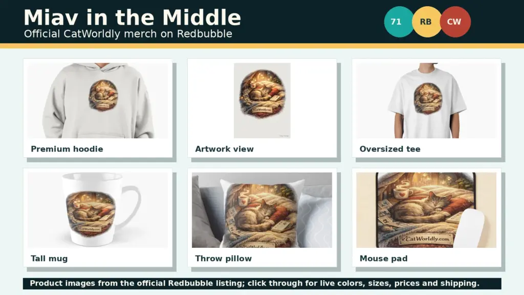 Collage of Miav in the Middle Redbubble product mockups including hoodie, shirt, mug, pillow, mouse pad and artwork.