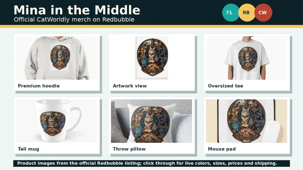 Collage of Mina in the Middle Redbubble product mockups including hoodie, shirt, mug, pillow, mouse pad and artwork.