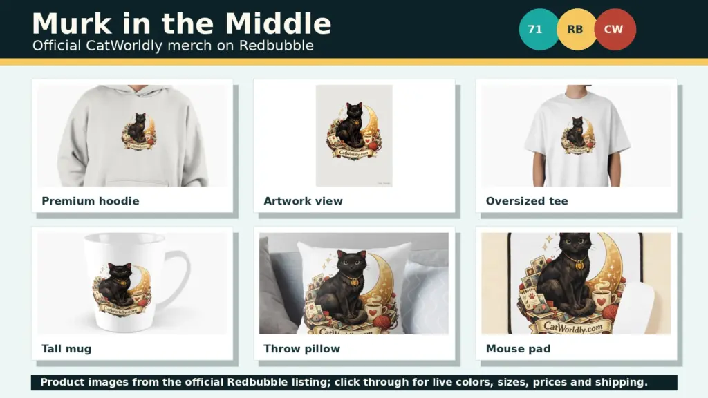 Collage of Murk in the Middle Redbubble product mockups including hoodie, shirt, mug, pillow, mouse pad and artwork.