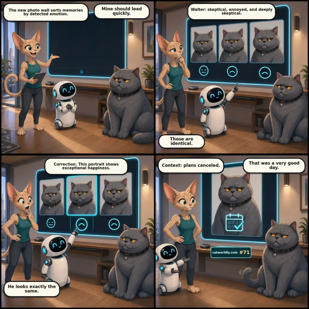 Firmware and Fur comic #71, The Happy One, showing M.O.U.S.E. find Walter's one exceptionally happy portrait and reveal it was taken after he canceled plans even though his expression looks unchanged.