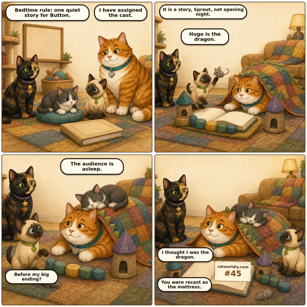 Foster House Rules comic #45, The Bedtime Cast, showing Sprout turn a quiet bedtime story into a production before Button falls asleep on dragon-cast Hugo and Dot recasts him as the mattress.