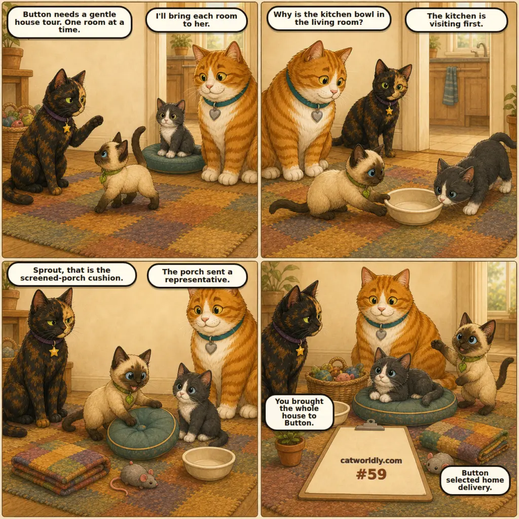 Foster House Rules comic #59, The Stay-Put Tour, showing Sprout bring objects from every room to Button and call the stay-put tour home delivery.