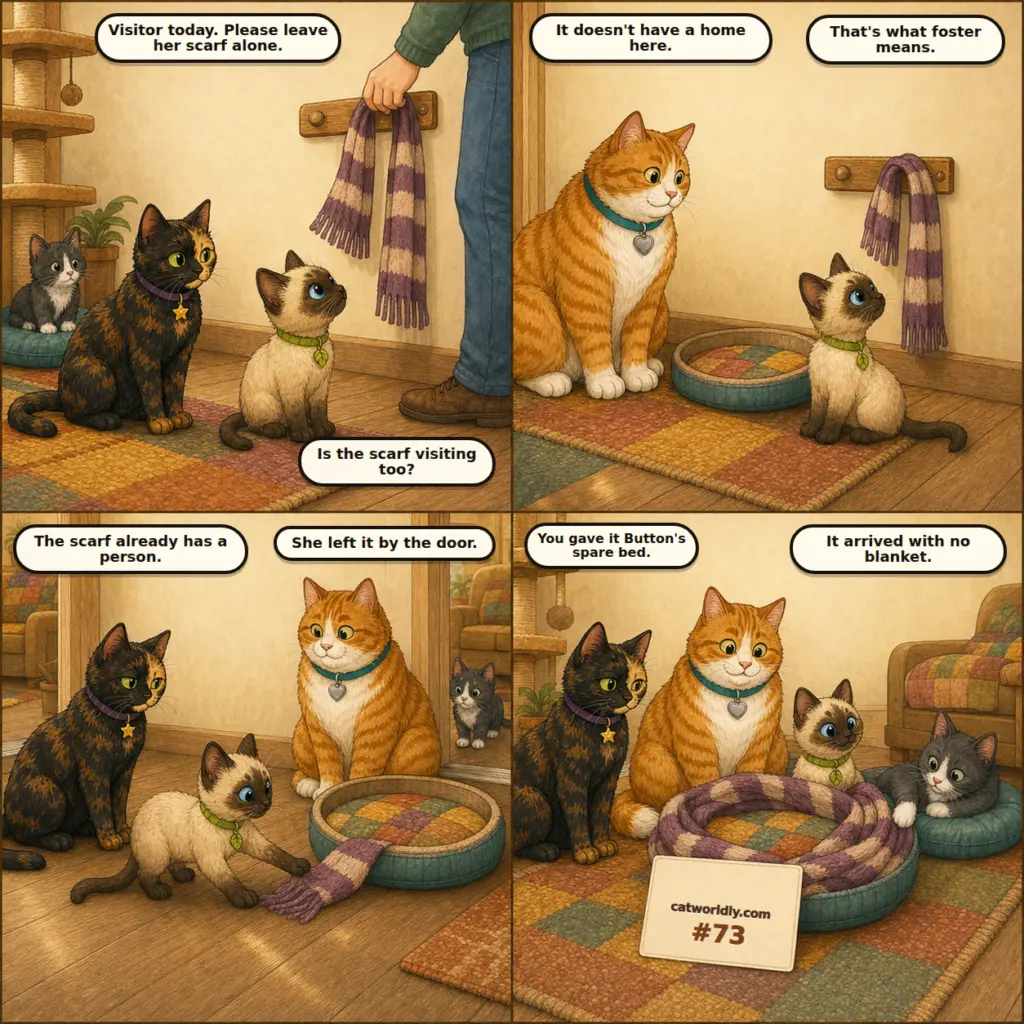 Foster House Rules comic #73, The Unaccompanied Scarf, showing Sprout treat a visitor's scarf as a foster guest and give it Button's spare bed because it arrived without a blanket.