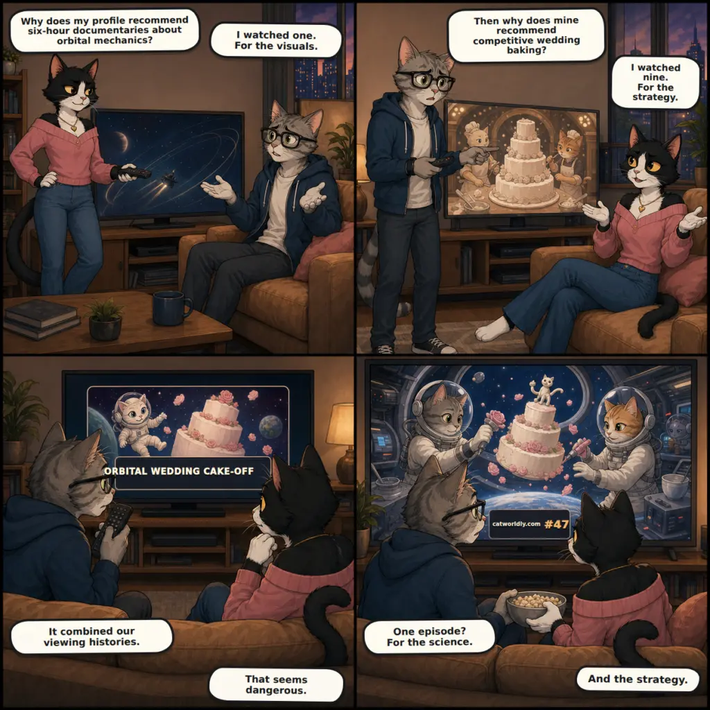 Meowdern Love comic #47, The Perfect Match, in which Leo and Luna blame each other for their streaming recommendations before happily watching a zero-gravity wedding-cake competition created from both viewing histories.